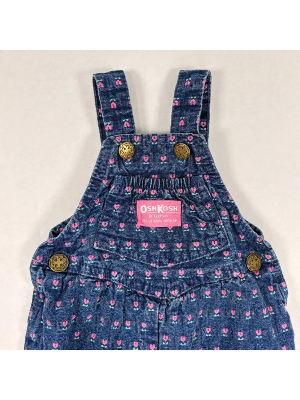 Vintage Oshkosh Baby Girl Tulip Floral Denim Bubble Overalls Romper 6m - 9m